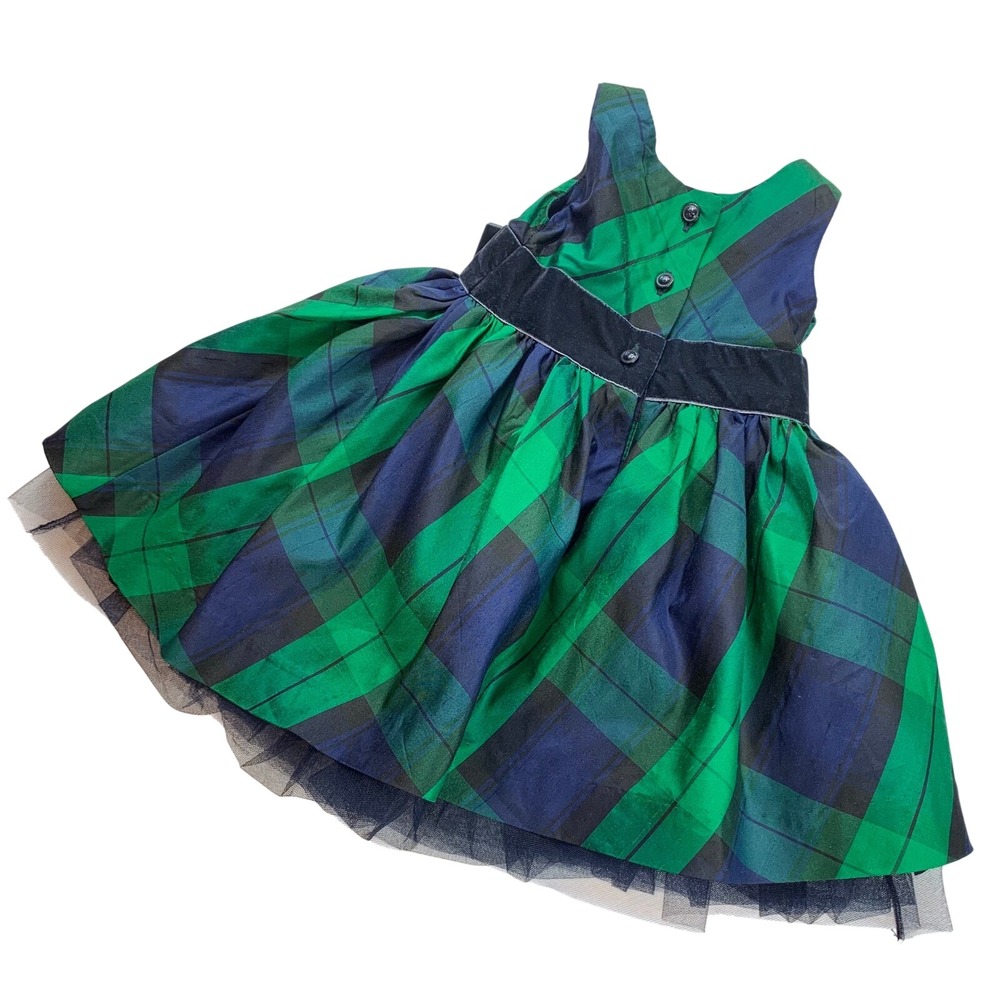 Janie and Jack Girls Green Navy Blue Plaid Silk Blend Tulle Party Dress 3-6M - Picture 2 of 6